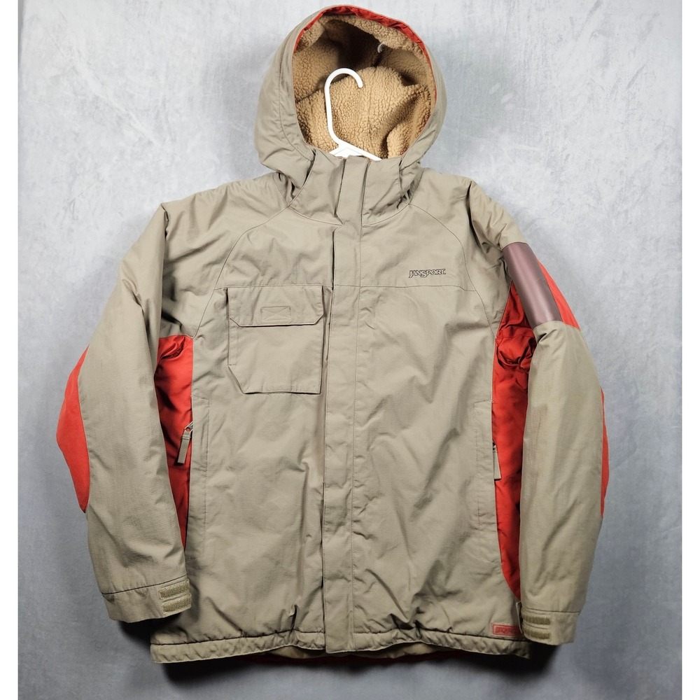 JanSport Jupiter II Parka Jacket Mens Large Tan Two-Tone Sherpa Lined Hooded
